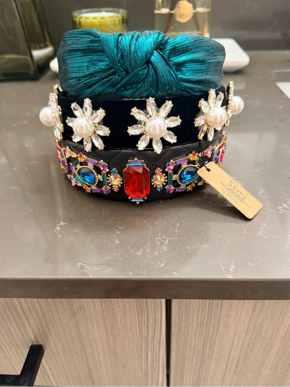 Embellished Velvet Headband Set - Teal, Black & Multicolor